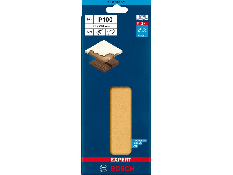 Brusni papir EXPERT Bosch z 8 luknjami za vibracijske brusilnike, Dimenzije: 93x230mm, Zrnatost: 100, 2608900871